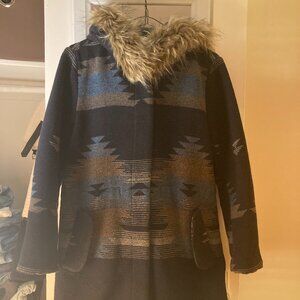 BB Dakota SouthWestern Tribal Printed Coat Faux Fur Hood XS
